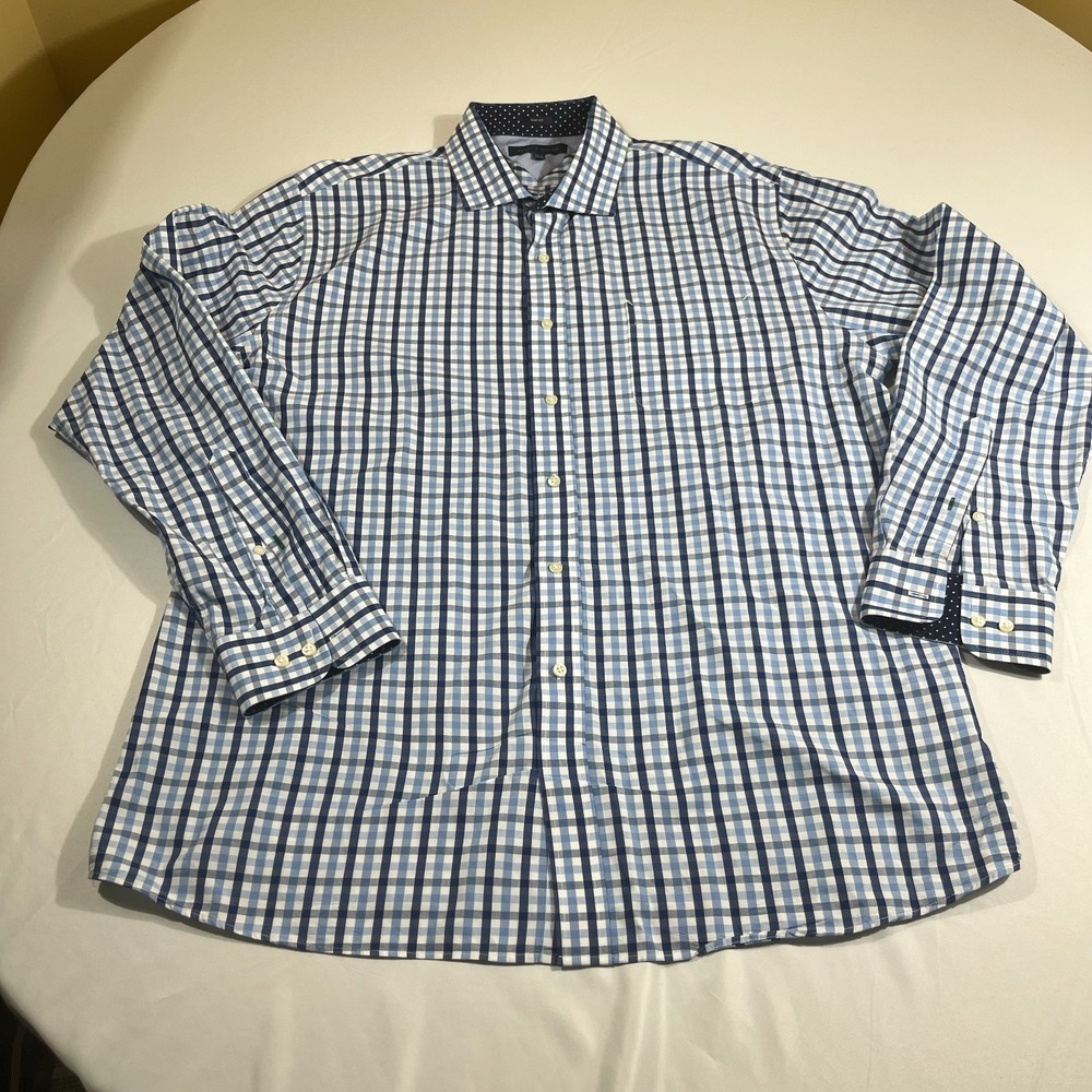 Tommy Hilfiger Dress Shirt 17.5 34-35 Slim Fit Blue Plaid Cotton Long Sleeve
